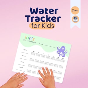 Pode incluir: Um rastreador de água imprimível para crianças com o texto "Water Tracker for Kids". O rastreador inclui espaços para rastrear a ingestão de água a cada dia da semana, com uma ilustração de um polvo roxo.