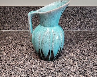 VINTAGE Evangeline Glazed Pottery Pitcher #908 Canada Teal Drip  Glaze 6" MCM
