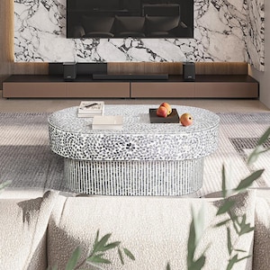 black bone inlay coffee table in oval shape floral pattern handmade bone inlay furniture, bone inlay coffee table