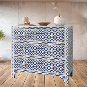 bone inlay chest of drawers geometric pattern in blue , handmade bone inlay dresser, bone inlay sideboard ,bone inlay furniture