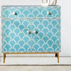 geometric pattern blue bone inlay chest of drawers, handmade bone inlay dresser, bone inlay sideboard ,bone inlay furniture