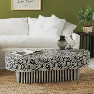 black bone inlay coffee table in oval shape sunflower pattern handmade bone inlay furniture, bone inlay coffee table
