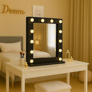 Black Hollywood Lighted Vanity Mirror with LED Bulbs | Modern Rectangle Makeup Mirror with Light for Dressing Table | Luxury Glam Room Decor