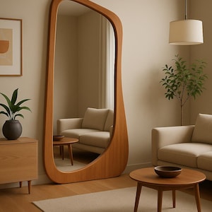 Wooden Frame Floor Mirror, Asymmetrical Full Length Mirror, Unique Full Body Irregular Mirror, Decorative Mid-Century Mirror Home Decor