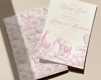 Baby Girl Safari Baby Shower Invitation | Pink Toile Party Invite | Editable Digital Download