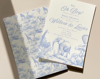 Boy Oh Boy Baby Shower Invitation | Blue Safari Toile | | Editable Digital Download