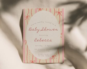 Soft Pink Bow Baby Shower Invitation | Girl Baby Shower Party Invite | Editable Digital Download