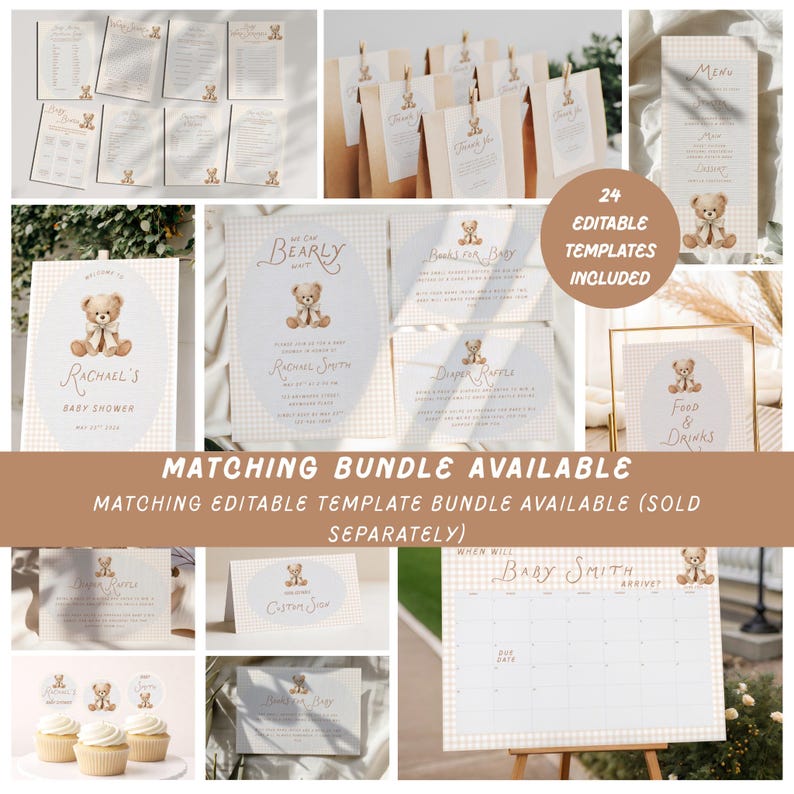 May include: A collection of 24 editable baby shower templates featuring a teddy bear illustration on a beige gingham background. The set includes invitations, menu cards, diaper raffle tickets, thank you tags, and a baby arrival calendar.