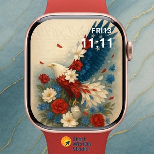 Soaring Freedom Eagle Apple Watch Wallpaper, Patriotic Floral Watch Face, American Spirit Digital Art Download