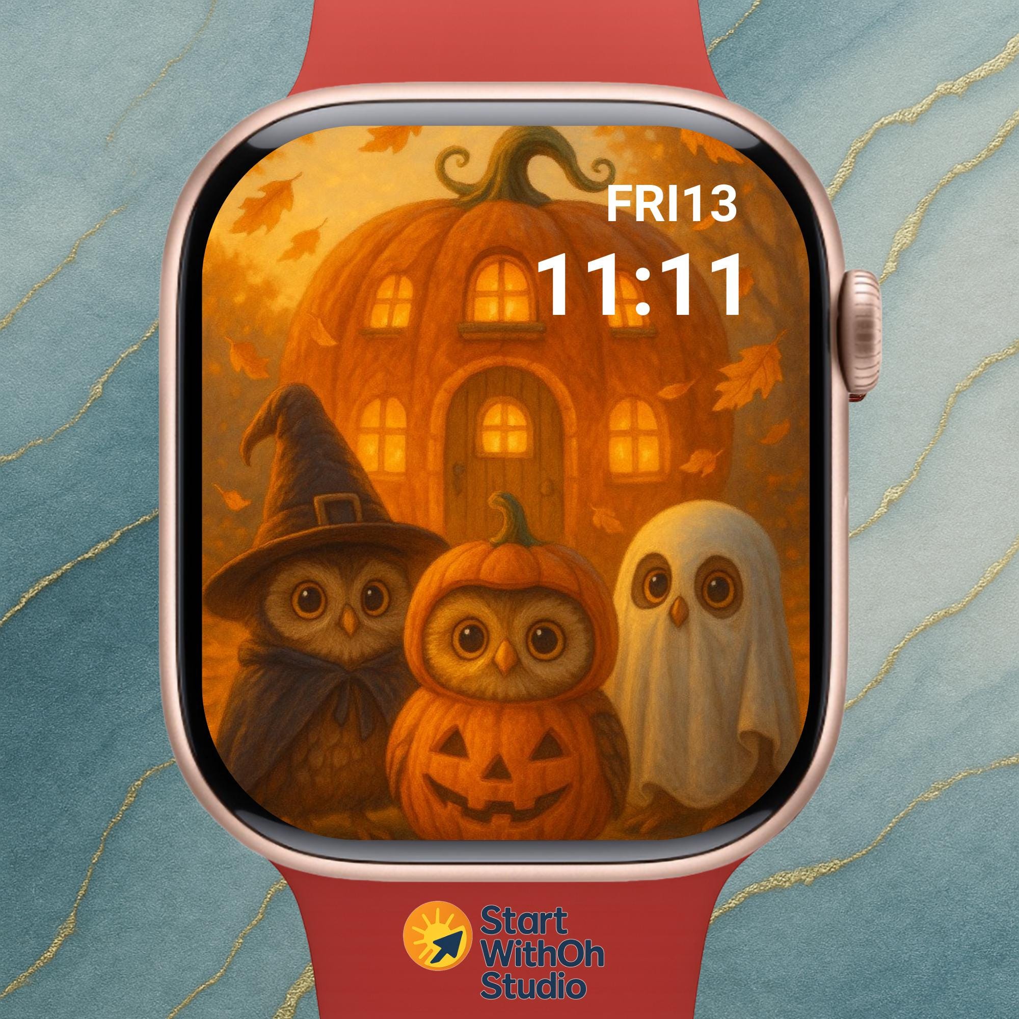 Pumpkin Owl Parade Apple Watch Wallpaper | Cozy Halloween Cottage Watch Face | Cute Fall Digital Dow