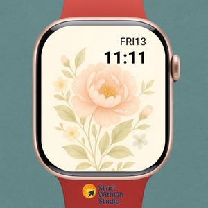 Mostrador de Apple Watch com peônia em aquarela: papel de parede floral elegante (arquivos JPG e PNG para download incluídos)