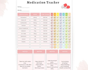May include: A printable medication tracker with a pink and white design. The top of the page reads "EDITABLE MEDICATION TRACKER" and "Medication Tracker". The tracker includes sections for medication, dose, time given, and a checklist. There are also notes sections.