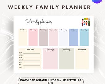 Agenda familial hebdomadaire imprimable | Organisateur d'agenda familial | Calendrier hebdomadaire modifiable | Lettre US A4 | Agenda numérique pour la maison
