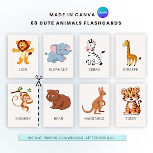 Op de afbeelding: Een set van acht flashcards met illustraties van schattige dieren: leeuw, olifant, zebra, giraffe, aap, beer, kangoeroe en tijger. De kaarten zijn direct te downloaden en af te drukken in letter- en A4-formaat.