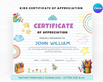 Kids Certificate of Appreciation | Printable Award Certificate for Students | Editable PDF Certificate |  Homeschool Achievement