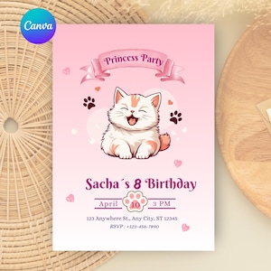 Pink Kitten Birthday Invitation | Cute Cat Party Invite for Girls | Editable Digital Template