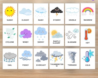 Weather Flash Cards for Kids | Printable Educational Learning Cards | Toddler Preschool Homeschool Classroom | Montessori Weather Activities