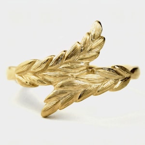 14K Solid Gold Wheat Leaf Ring - Nature Inspired Art Deco Ring