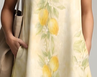 Watercolor Lemon Mini Dress, Sleeveless A-Line Dress with Pockets, Italian Summer Style