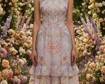Pastel Baroque Floral Midi Dress for Spring Garden Parties and Summer Events