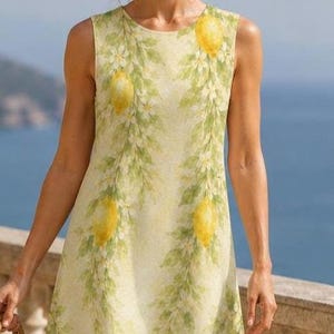 Mediterranean Lemon Floral Cotton Midi Dress, Sleeveless A-Line Garden Party Vacation Resort Dress image 1