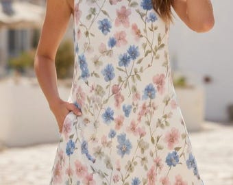May include: A sleeveless, knee-length dress in an off-white fabric featuring a delicate floral pattern of soft pink and blue blossoms with green stems. The dress has a round neckline, a relaxed A-line silhouette, and visible side pockets.