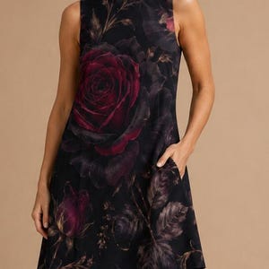 Minivestido gótico rosa con bolsillos, vestido de corte A con estampado floral oscuro de estilo bruja imagen 1