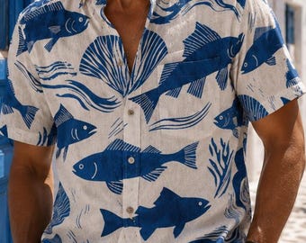 Herenoverhemd met mediterrane vissenprint, geschikt voor in resortstijl.