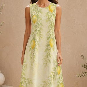 Mediterranean Lemon Floral Cotton Midi Dress, Sleeveless A-Line Garden Party Vacation Resort Dress image 4