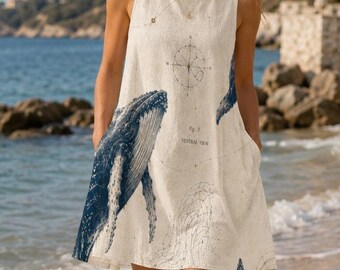 Vestido evasê com estampa de baleia, arte marinha costeira, minivestido descontraído para férias com bolsos.