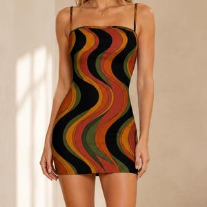 Retro Wave Strappy Mini Dress, 70s Abstract Swirl Summer Party Vacation image 1