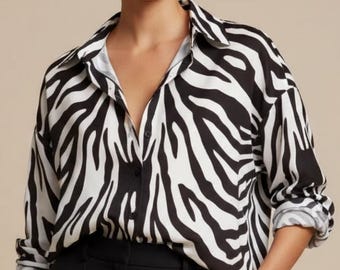 Chemise boutonnée à imprimé zèbre - Coupe ample et décontractée, chemisier graphique léger, haut monochrome moderne