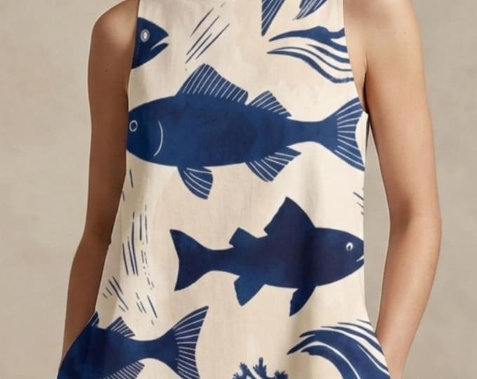 Featured listing image: Indigo Fish Print A-Line Dress – Sleeveless Summer Dress with Pockets, Beach Vacation Dress