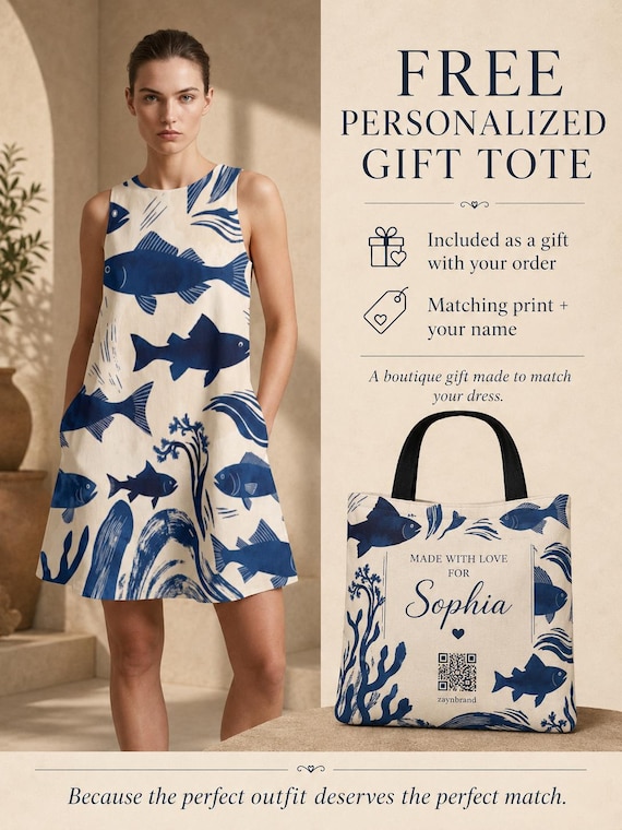 Indigo Fish Print A-Line Pocket Dress – Sleeveless Summer Beach Vacation