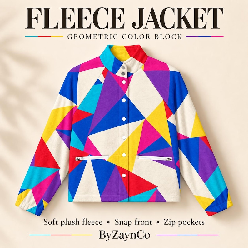 Puede incluir: Una chaqueta de forro polar con un patr&oacute;n geom&eacute;trico de bloques de color en tonos azul, morado, amarillo, rojo y blanco. La chaqueta tiene cuello alzado, cierre frontal con botones a presi&oacute;n y dos bolsillos con cremallera. El texto dice FLEECE JACKET.