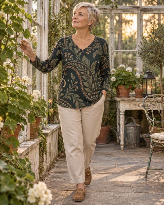 Dark Green Paisley V-Neck Long Sleeve Blouse, Boho Print