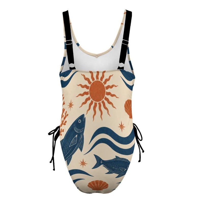 Mediterranean Fish One Piece Swimsuit, Nautical Coastal Beachwear, Seashell Sun Bathing Suit image 4
