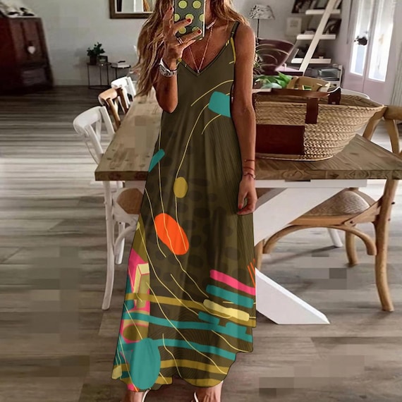 Boho Abstract Print Maxi Dress: Summer Sling Beach Cover-Up