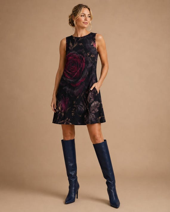 Gothic Rose Mini Dress, Dark Floral A-Line, Romantic Goth Witchy Style