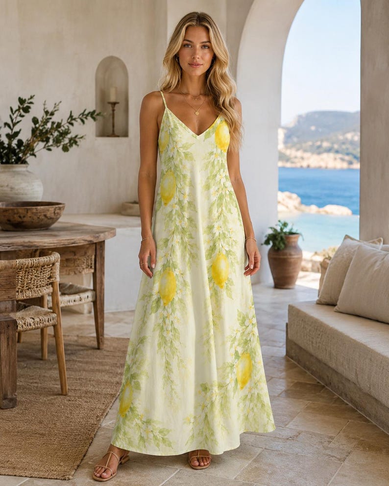 Puede incluir: Un vestido largo sin mangas con fondo amarillo claro y un patr&oacute;n repetitivo de limones amarillo brillante y ramas con hojas verdes. El vestido tiene un escote en V y tirantes finos, con una ca&iacute;da en silueta recta.