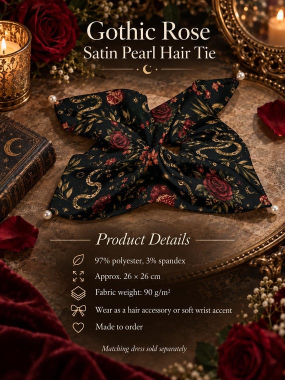 Gothic Rose Bow Scrunchie, Dark Floral Satin Hair Scarf, Romantic Goth Accessory