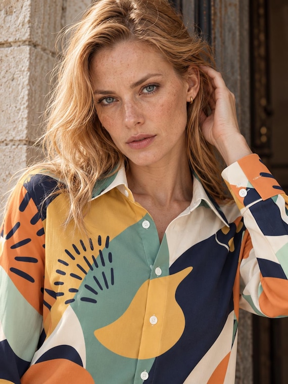 Abstract Art Shirt, Colorful Button-Up Blouse, Wearable Art Statement Top