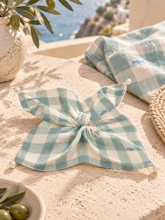 Sage Gingham Bow Scrunchie, Satin Scarf Hair Tie, Cottagecore Hair Accessory