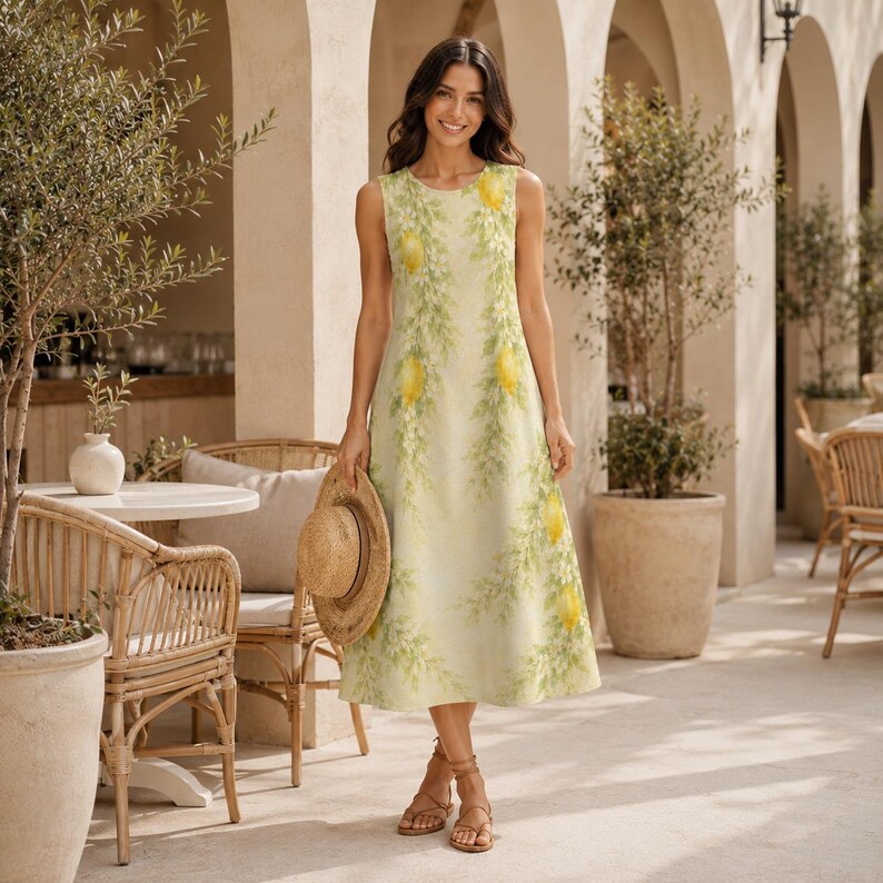 May include: A sleeveless midi dress in a pale yellow hue featuring a repeating print of bright yellow lemons and green leafy branches. The dress has a round neckline and a straight, relaxed silhouette that falls below the knee.