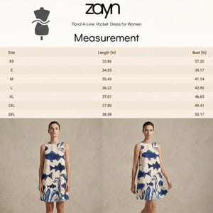 A size chart for a dress with measurements in inches, alongside two full-body images of a woman wearing the fish-print dress.
