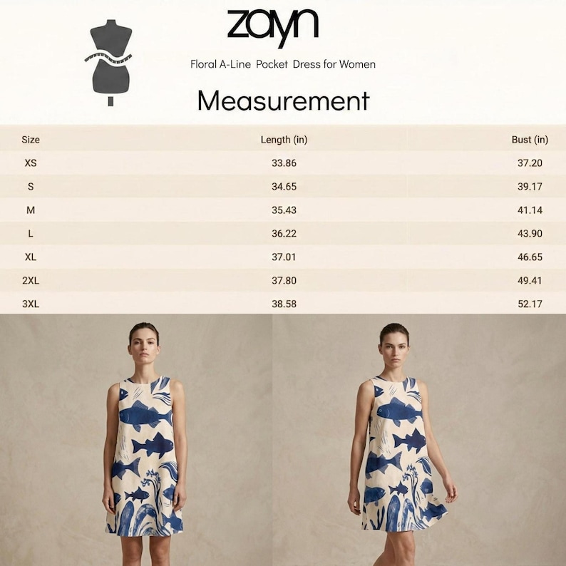 A size chart for a dress with measurements in inches, alongside two full-body images of a woman wearing the fish-print dress.