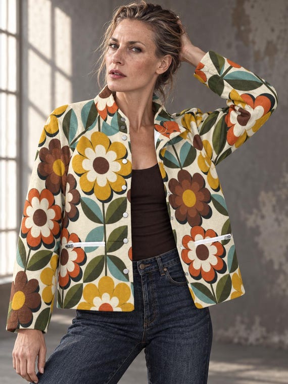 70s Floral Fleece Jacket for Women, Retro Daisy Statement Shacket, Fall Outerwear