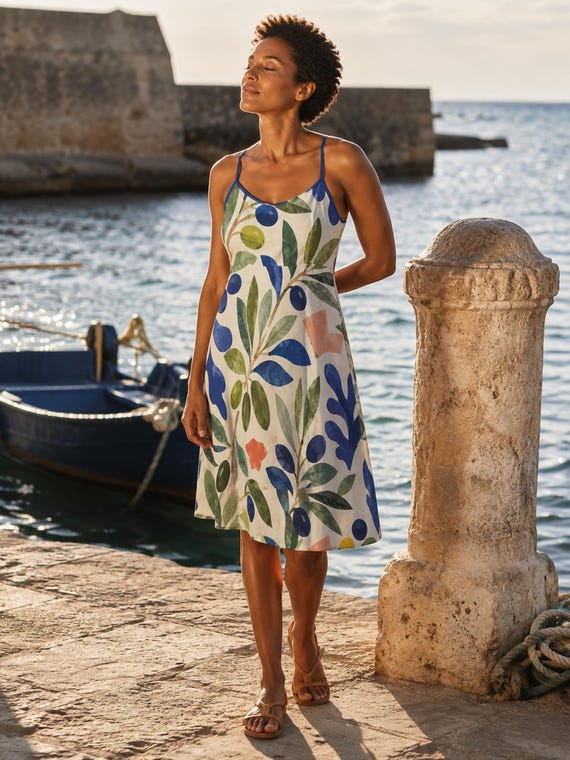 Indigo Olive Print Cami Dress, Stretch Botanical Knee-Length Sundress