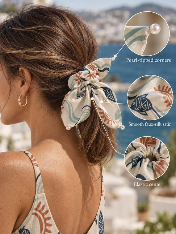 Fish Shell Bow Scrunchie, Mediterranean Satin Hair Scarf, Coastal Beach Accessory
