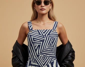 Navy Geometric Jumpsuit | Women's Wide-Leg Art Print Overalls